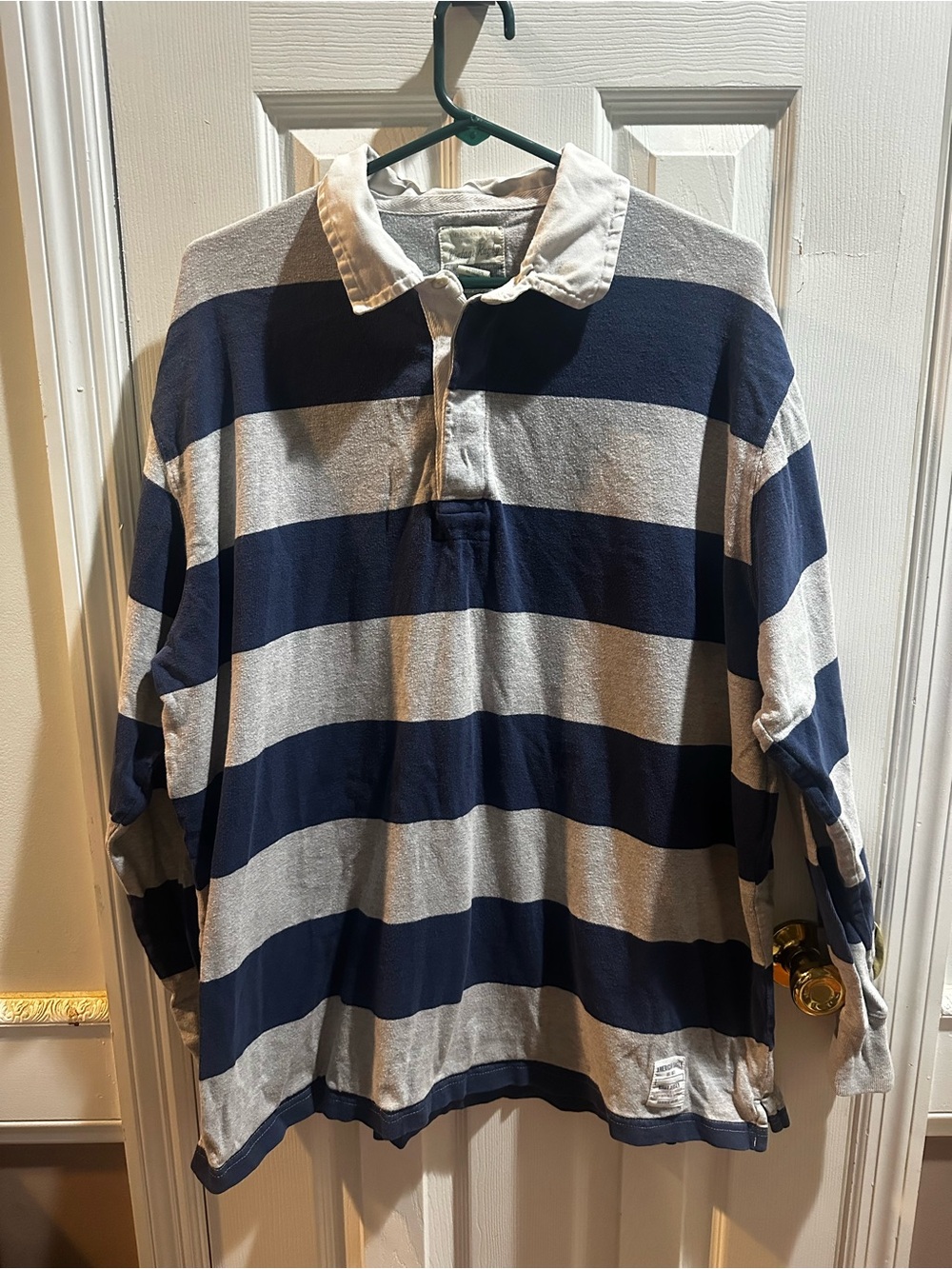 Y2K American Eagle Vintage Rugby Long Sleeve Polo Preppy Striped Blue & Gray XL